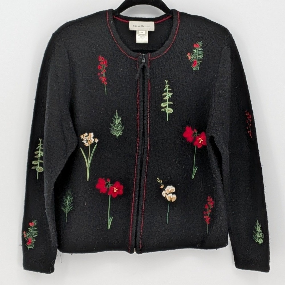 Susan Bristol $108 Medium Black Red Green Botanical Embroidered Wool Cardigan